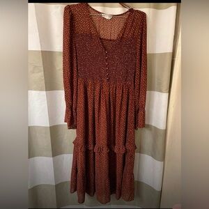 Rust Polka Dot Long Sleeve Midi Dress